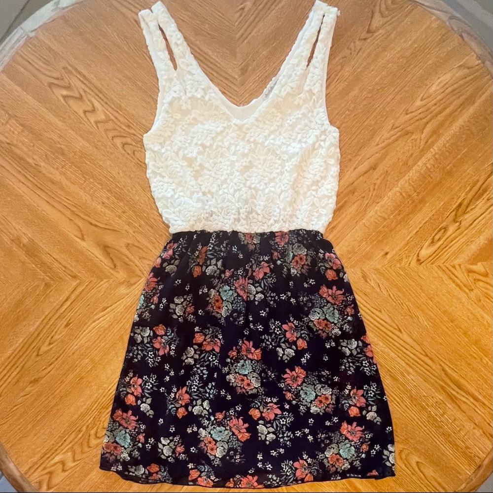 Charlotte Russe mini dress with cream top and navy floral skirt